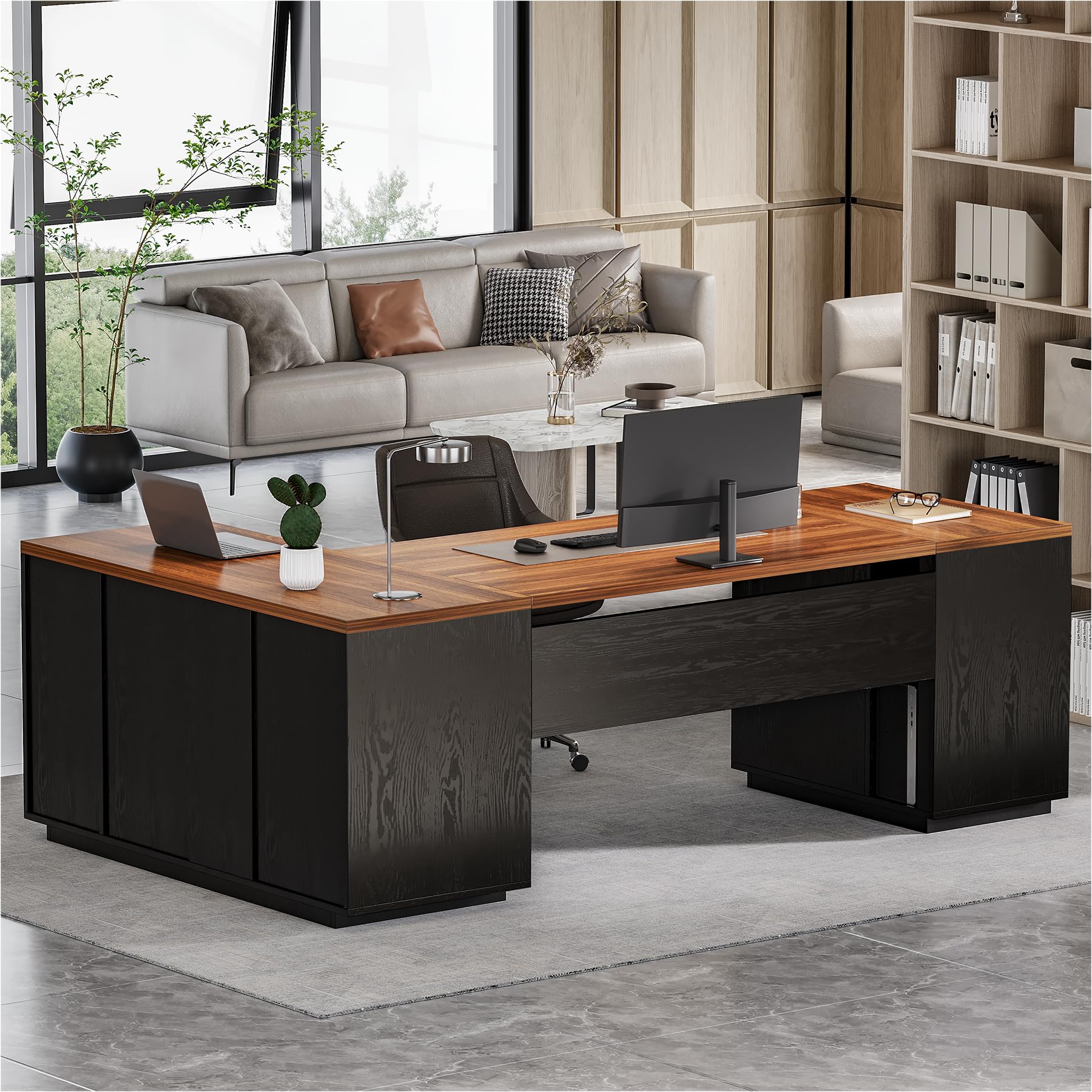 87-Inch Modern Executive Desk with File Cabinet