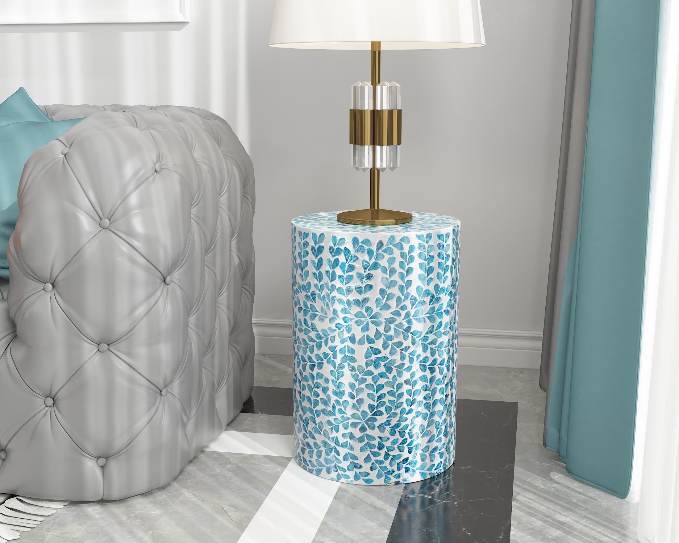 Teal Floral Drum End Table