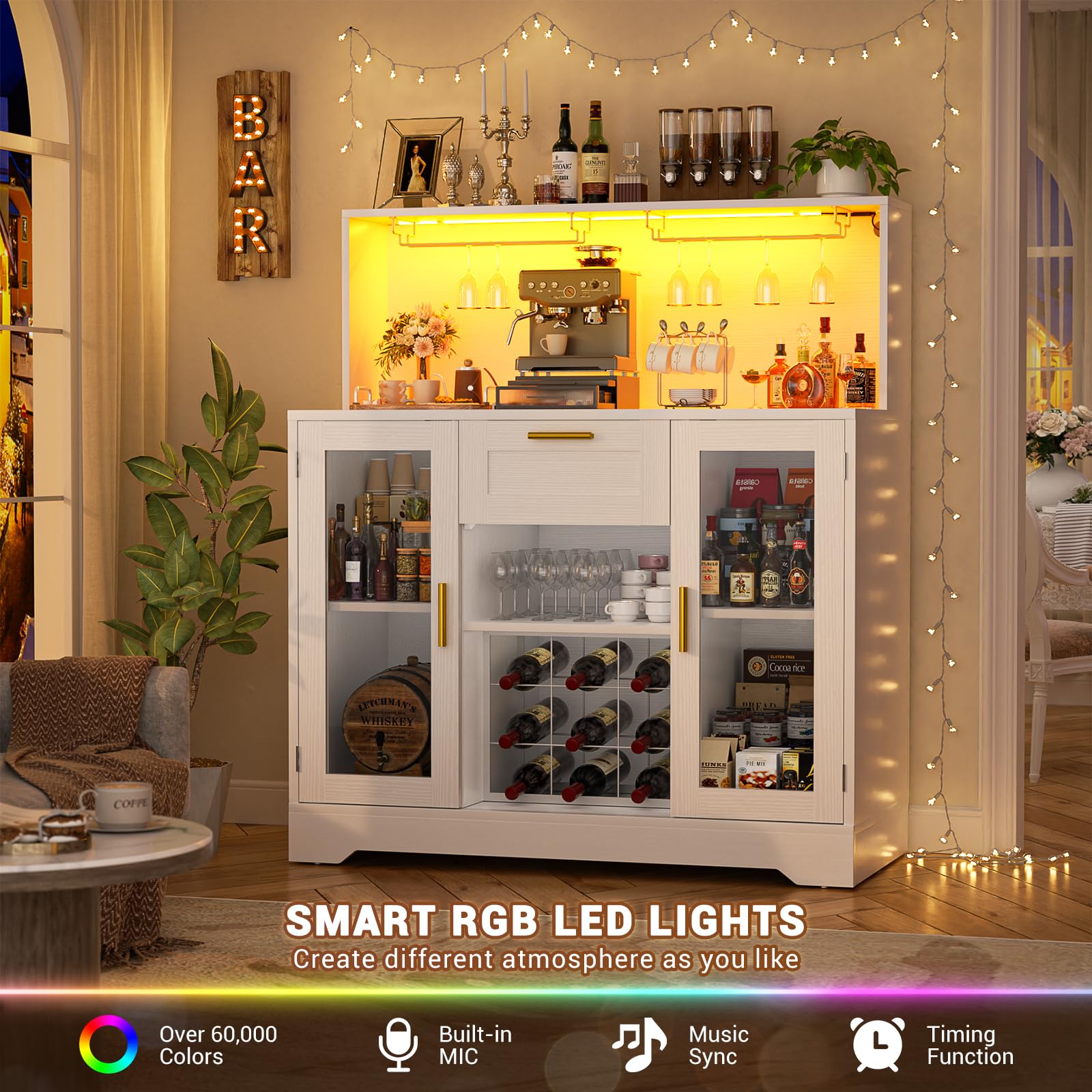 Wine Bar Cabinet with LED Light and Storage