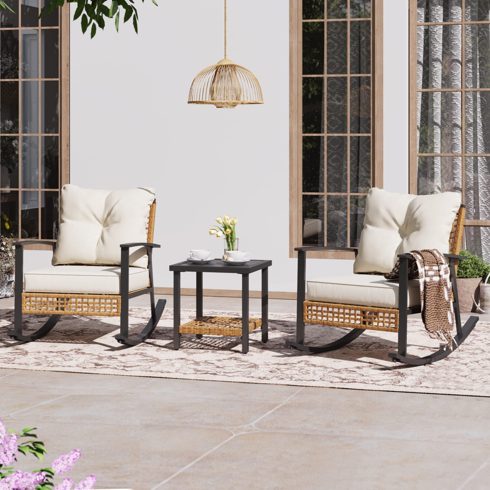 3-Piece Rocking Bistro Set with Cushions and Coffee Table