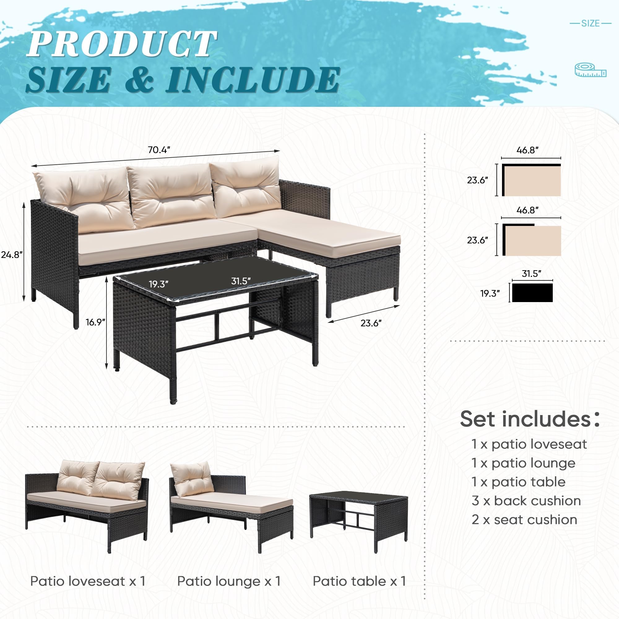 3 Piece Patio Furniture Set Outdoor Wicker Rattan Sectional Sofa with Cushions & Coffee Table