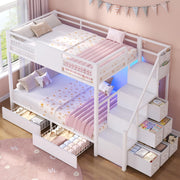 Twin Over Twin Bunk Bed with Stairs and LED Lights