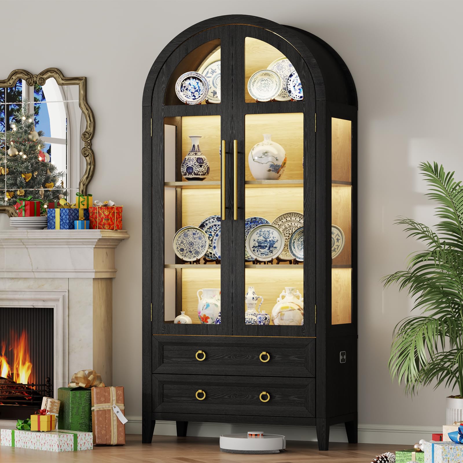 71" Arched Display Cabinet with LED Lights and Glass Doors