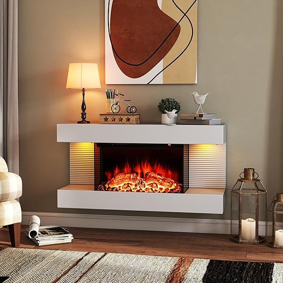 50-Inch Wall Mount Electric Fireplace with Floating Mantel