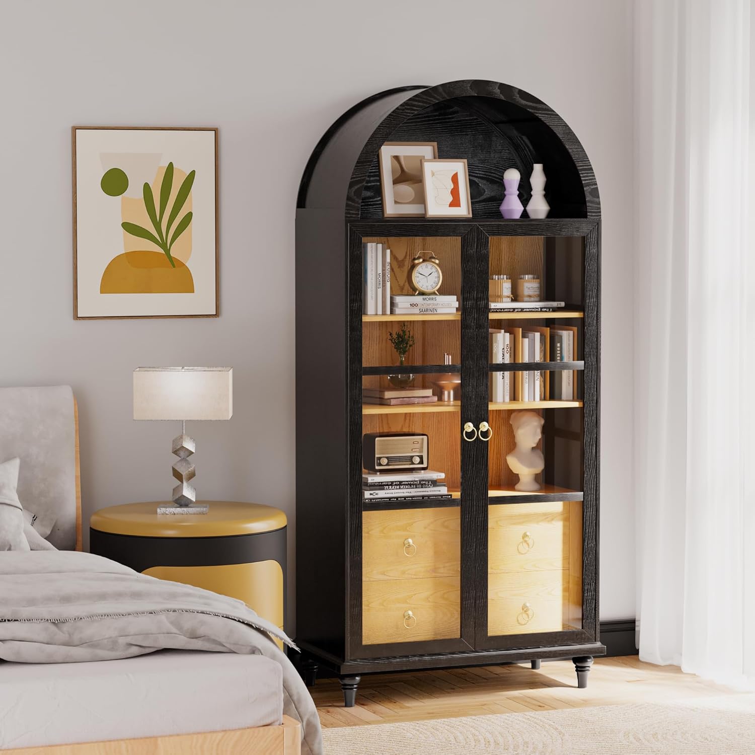 71" Arched Storage Cabinet with Drawers and Glass Doors
