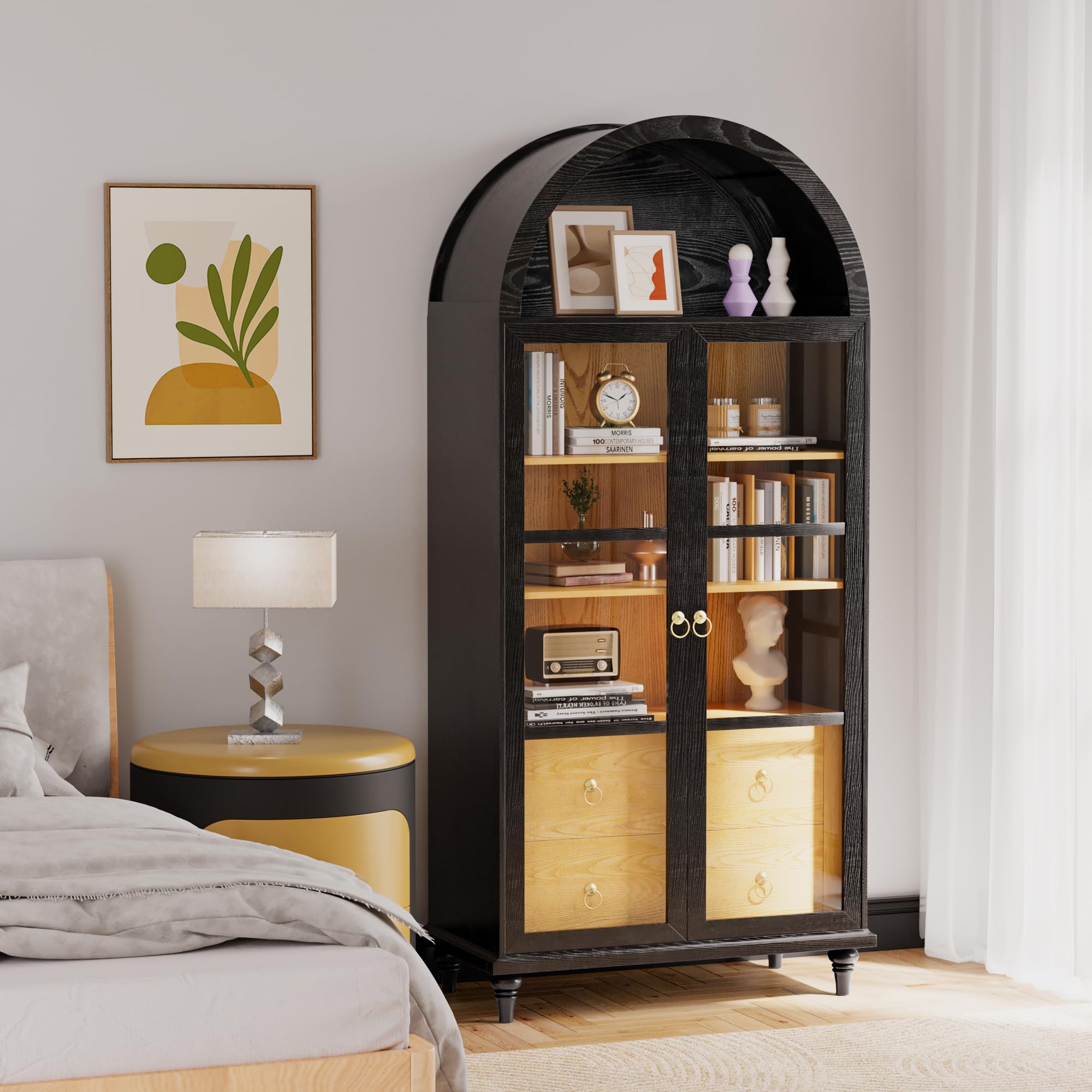 71" Arched Storage Cabinet with Drawers and Glass Doors