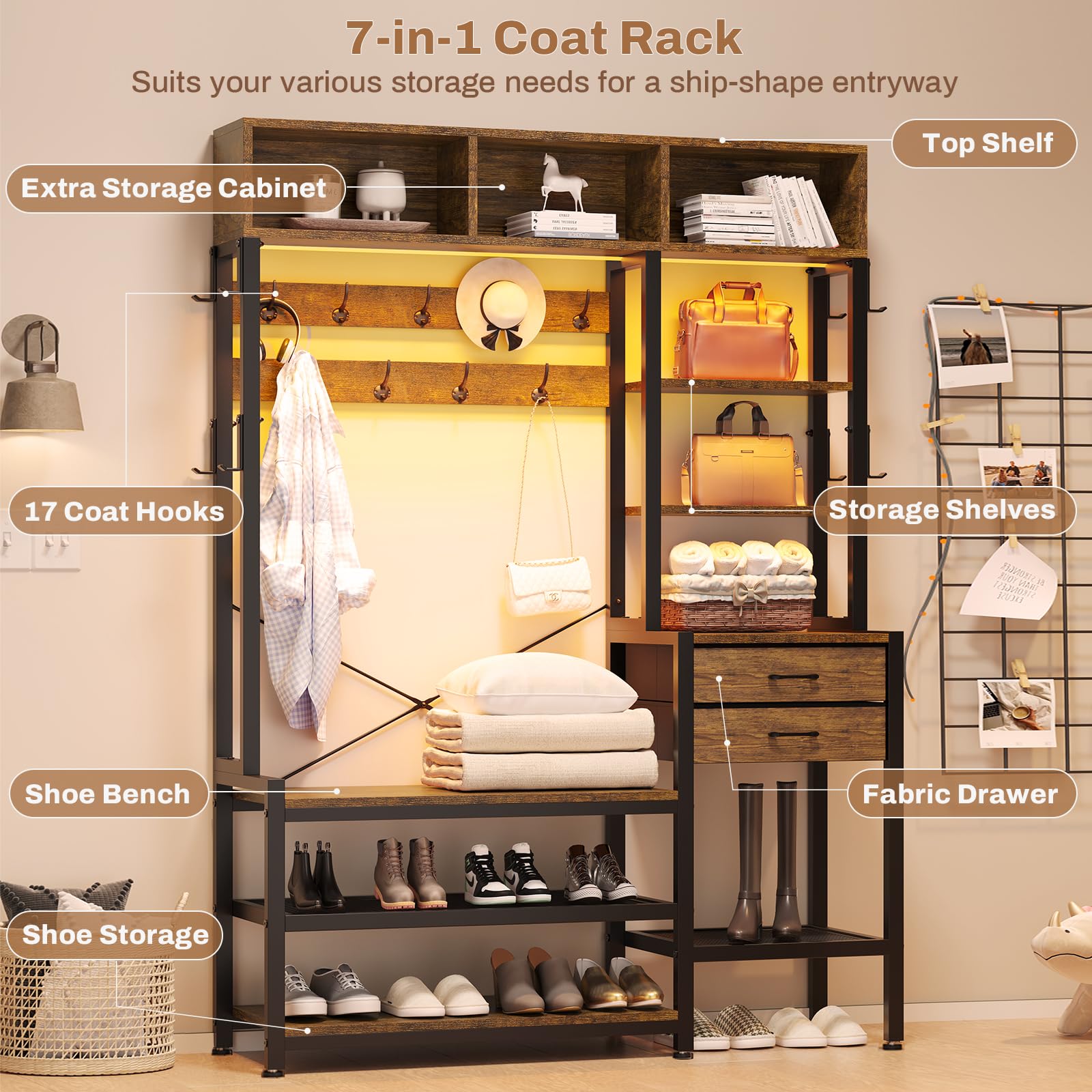 7-in-1 Hall Tree with Bench and Shoe Storage