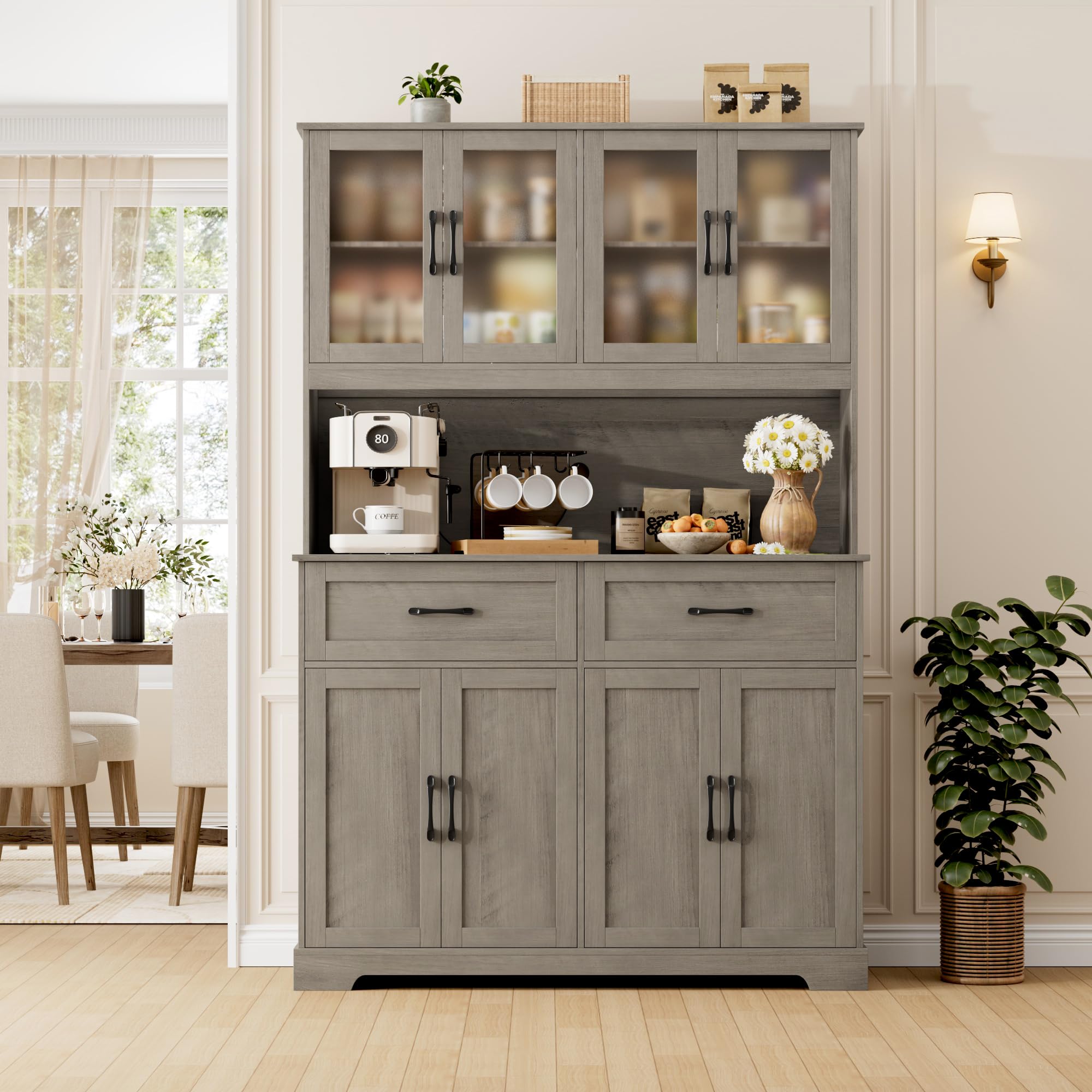 71" Farmhouse Kitchen Pantry Cabinet with Microwave Stand