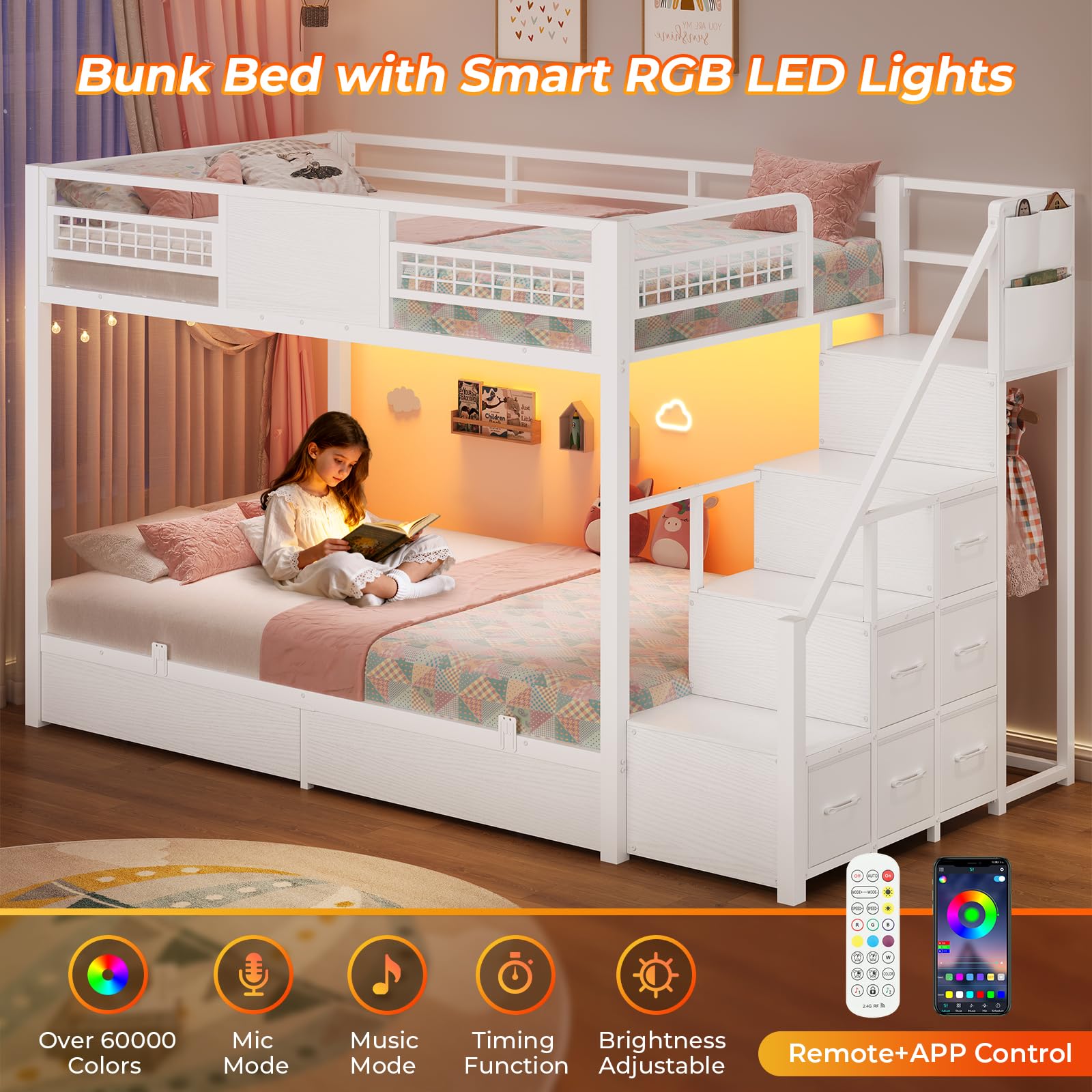 Twin Over Twin Bunk Bed with Stairs and LED Lights