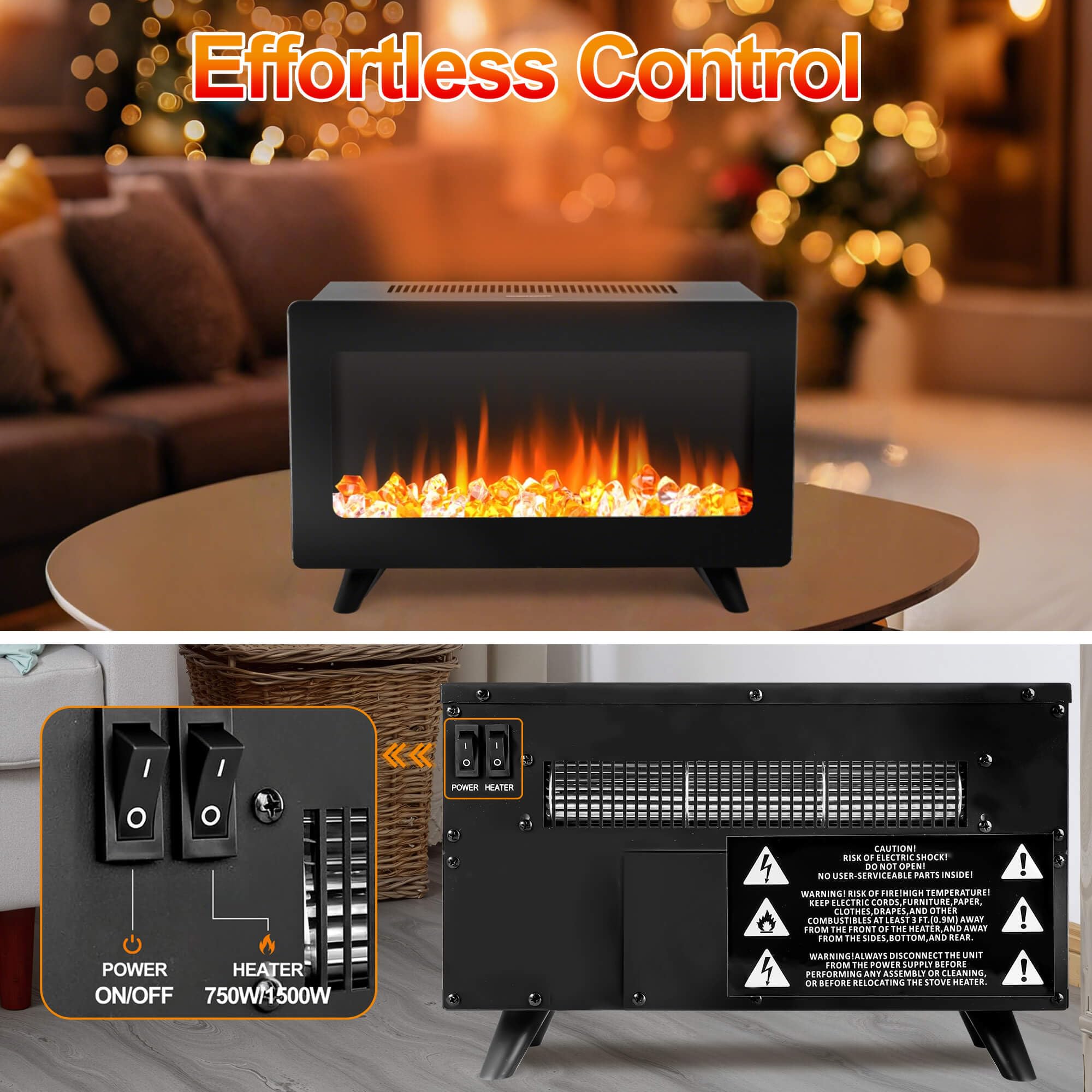 16" Freestanding Electric Fireplace Heater with 3D Flame