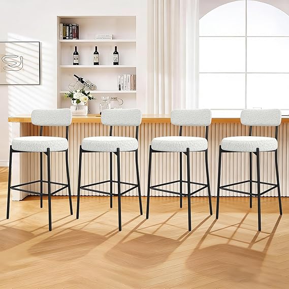 Bar Stools Set of 6, 27" White Boucle Counter Height with Back and Metal Legs