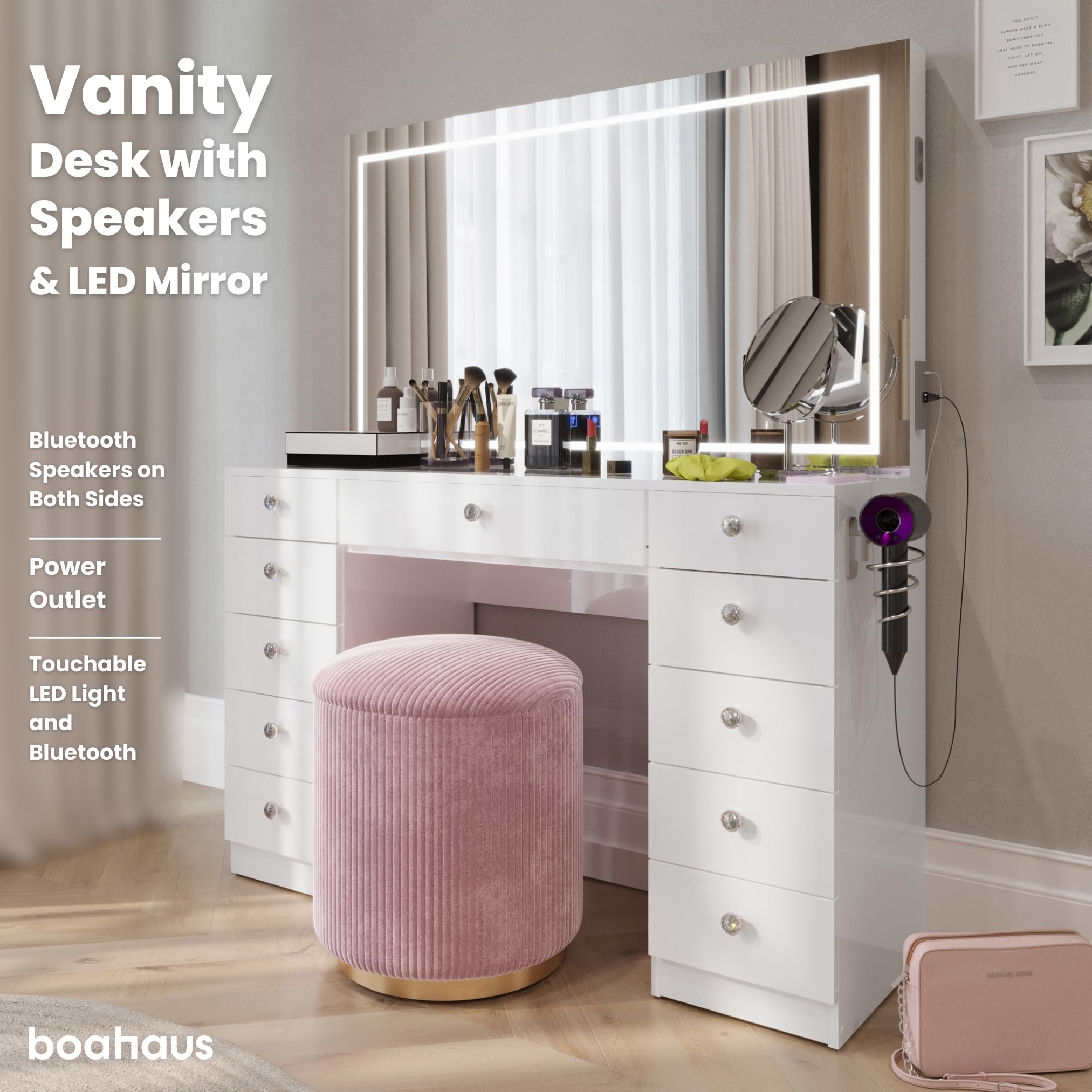 Large Makeup Vanity Desk with Dimmable LED and Bluetooth Speakers