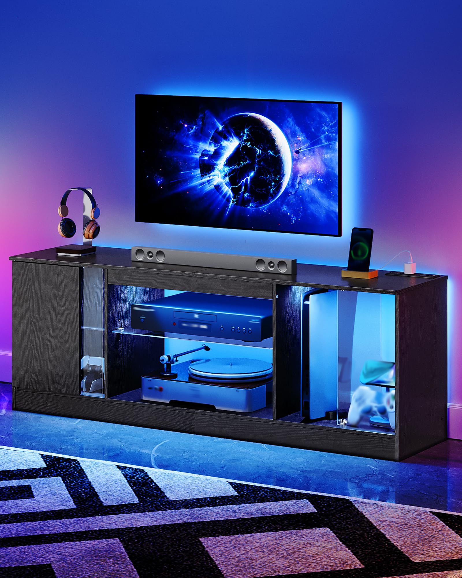 55 Inch TV Stand with LED Lights and Power Outlets