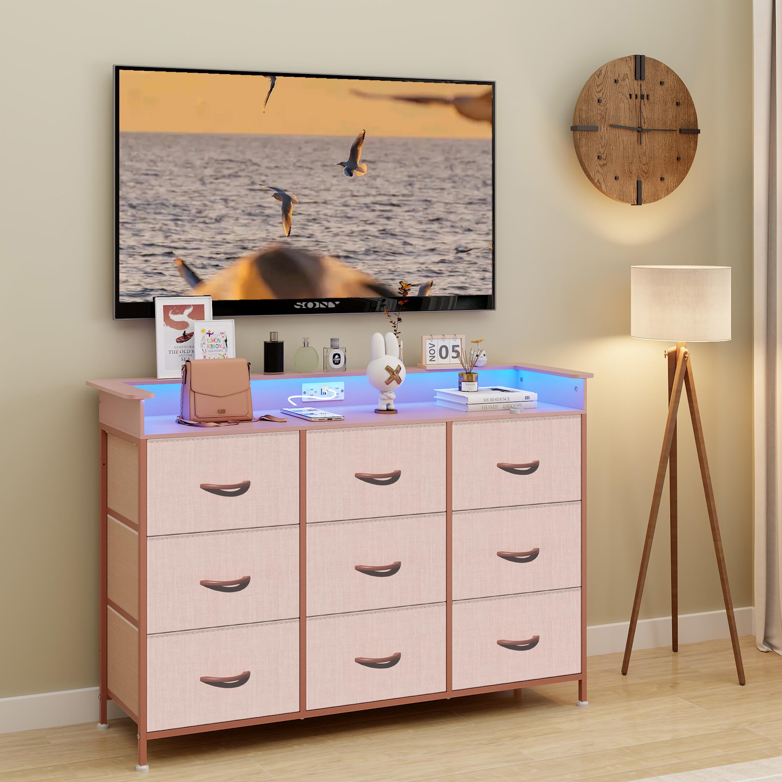 9-Drawer Dresser with LED Lights and Charging Station