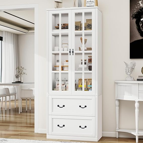 Tall Storage Cabinet with Glass Doors and Drawers