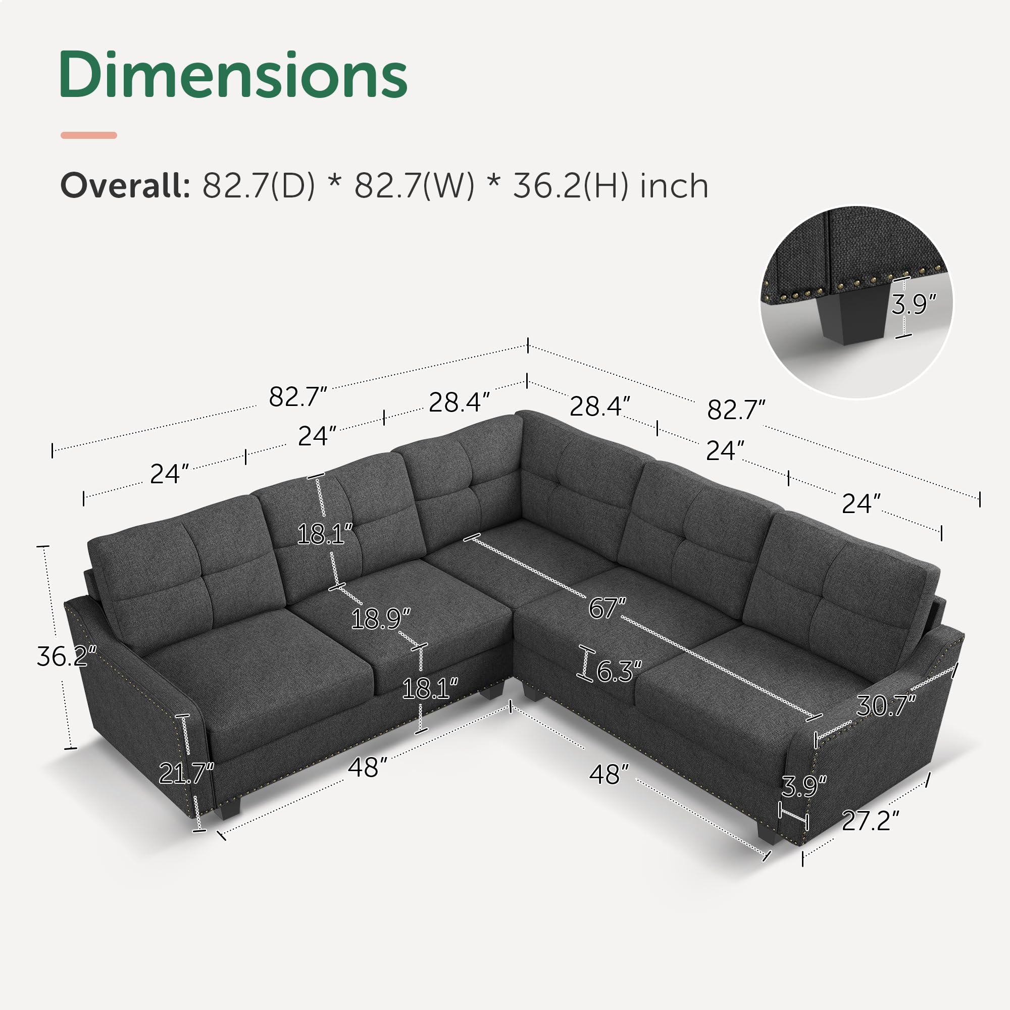 L-Shaped Sectional Sofa with Nailhead Trim