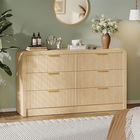 6-Drawer Fluted Dresser with Gold Handles - 55 Inch