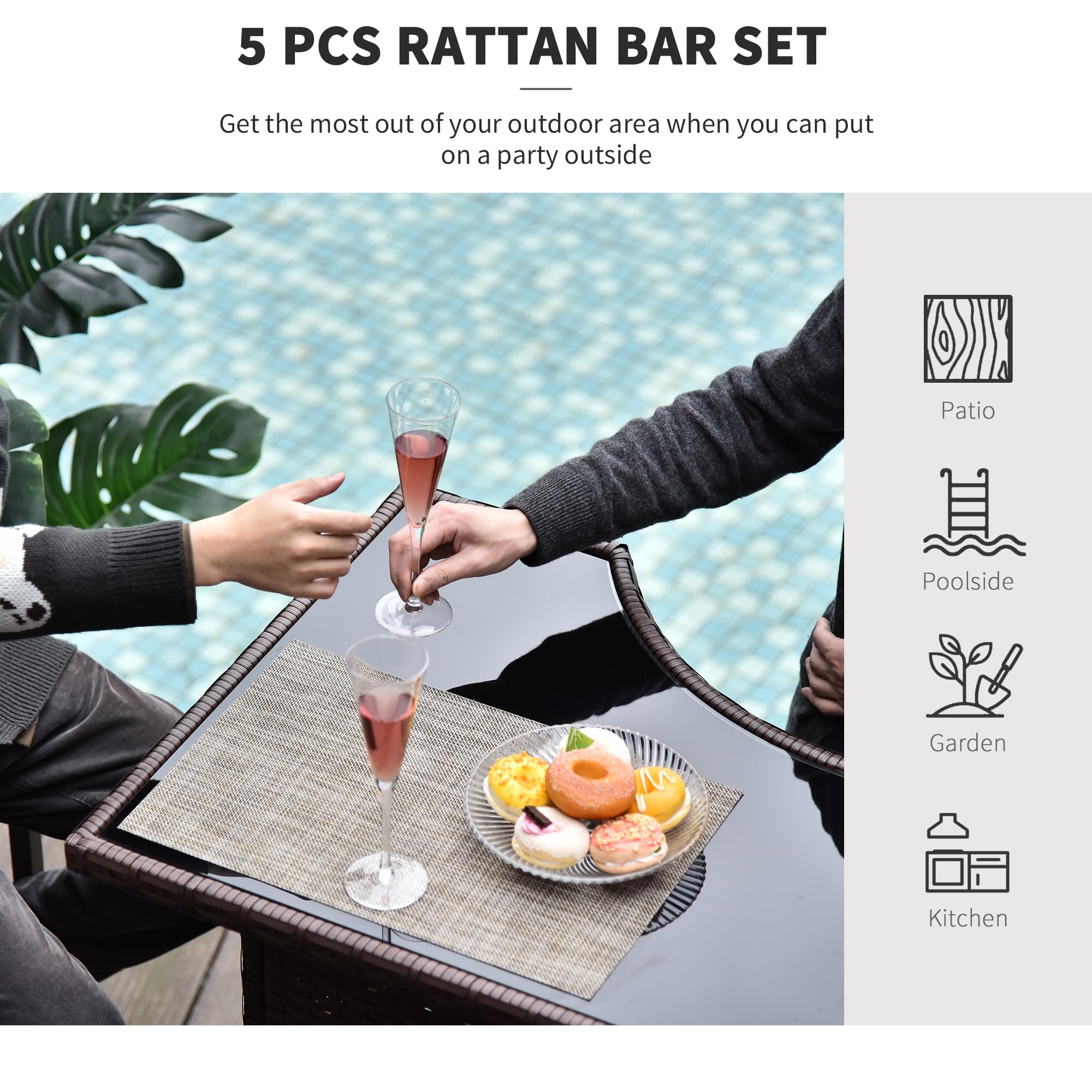 5-Piece Rattan Wicker Bar Set with Glass Top