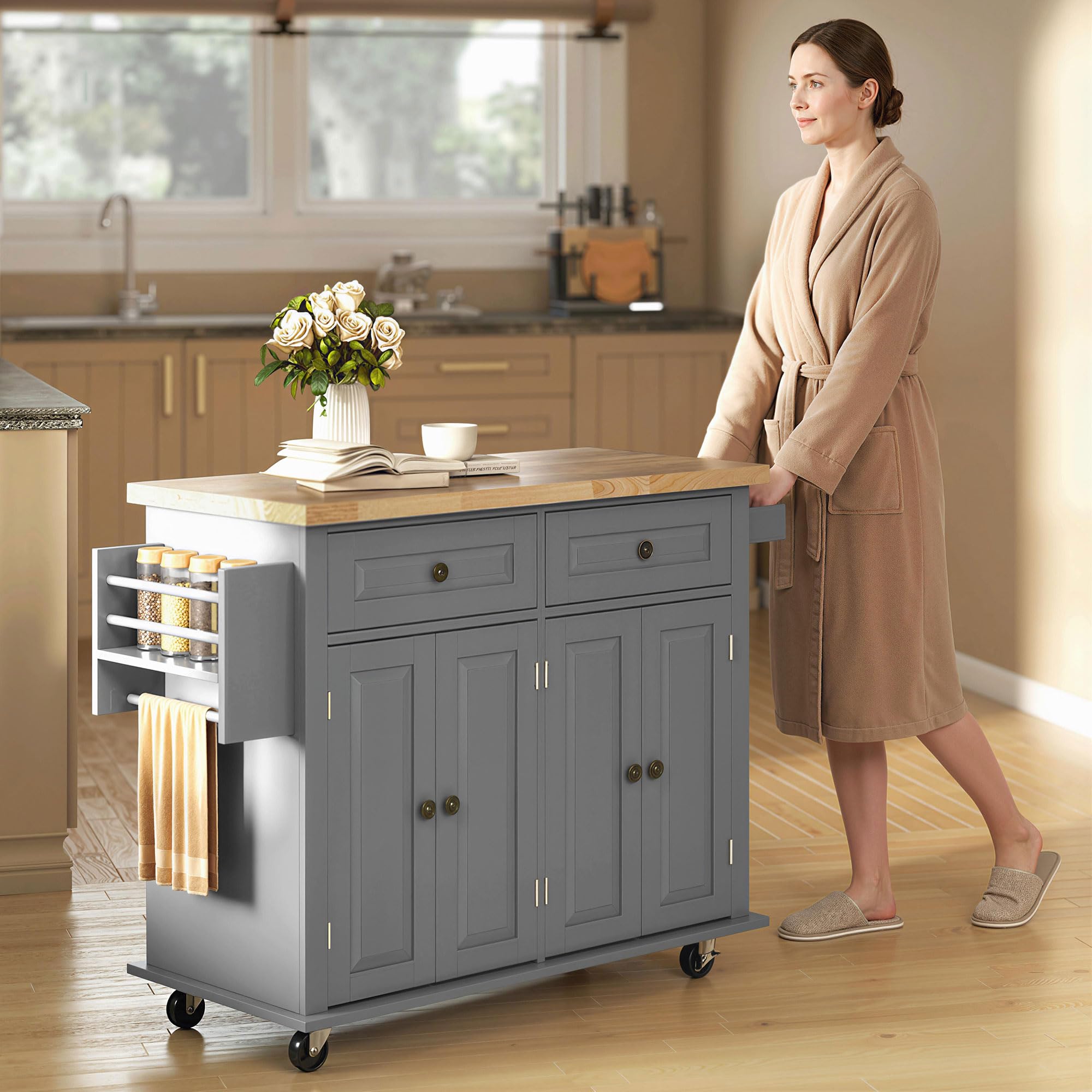 Kitchen Island Cart with Rubber Wood Top