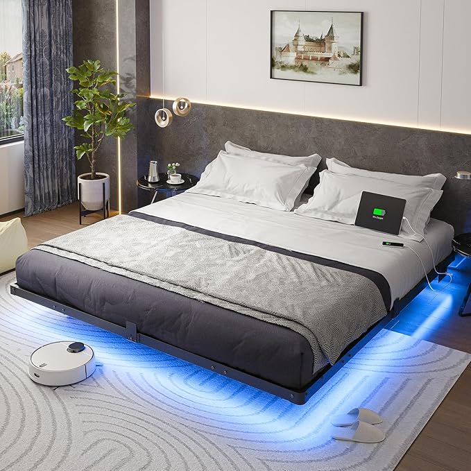 Queen Size Floating Bed Frame with USB Charging Station and LED Lights