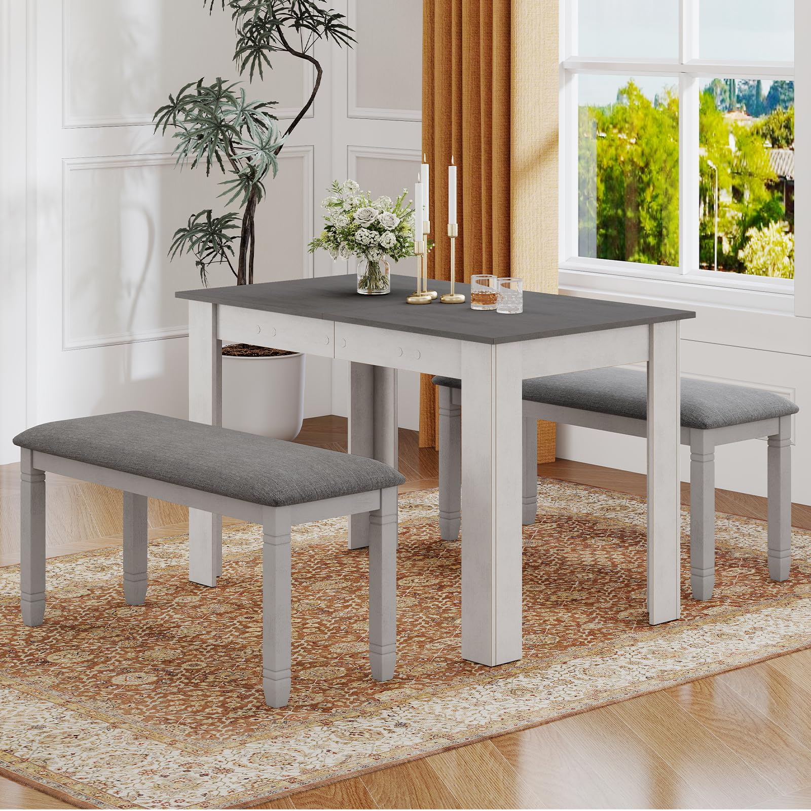 Upholstered Dining Bench with Padded Seat and Solid Wood Legs
