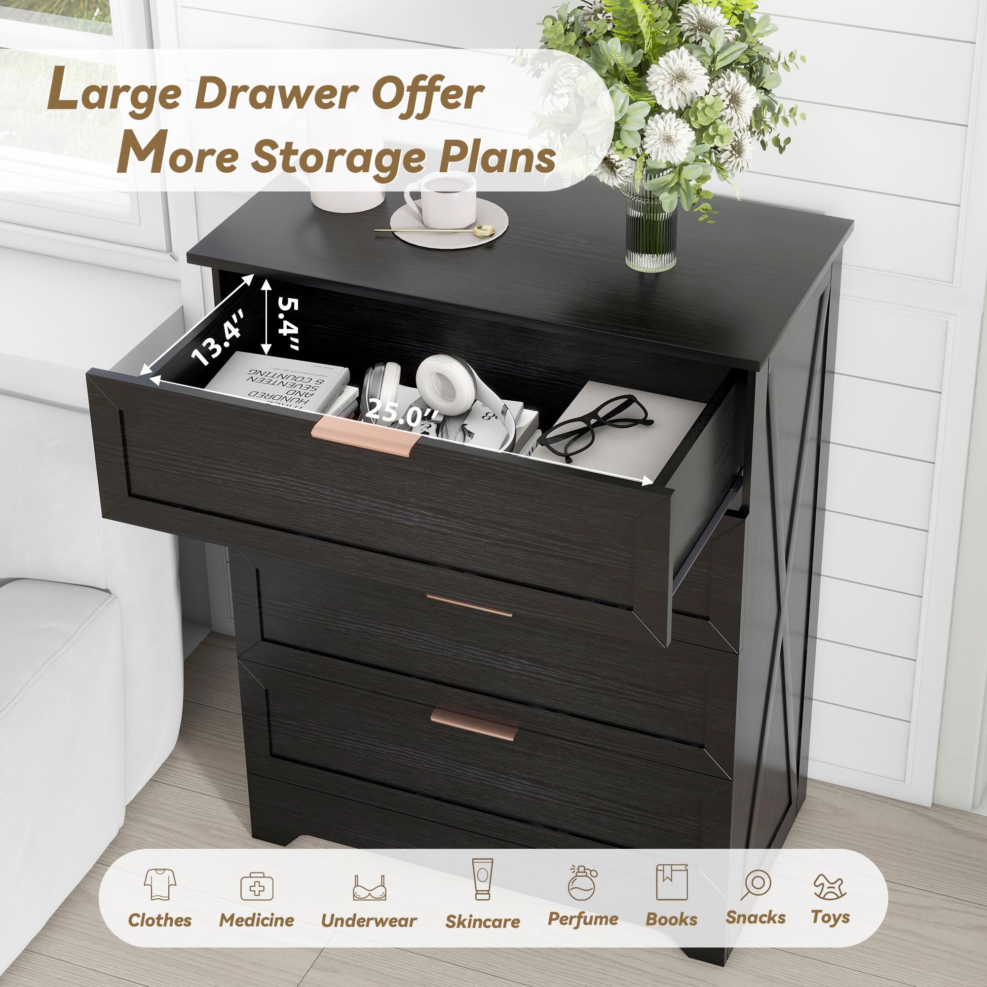 Modern 4 Drawer Dresser with Rose Gold Handles