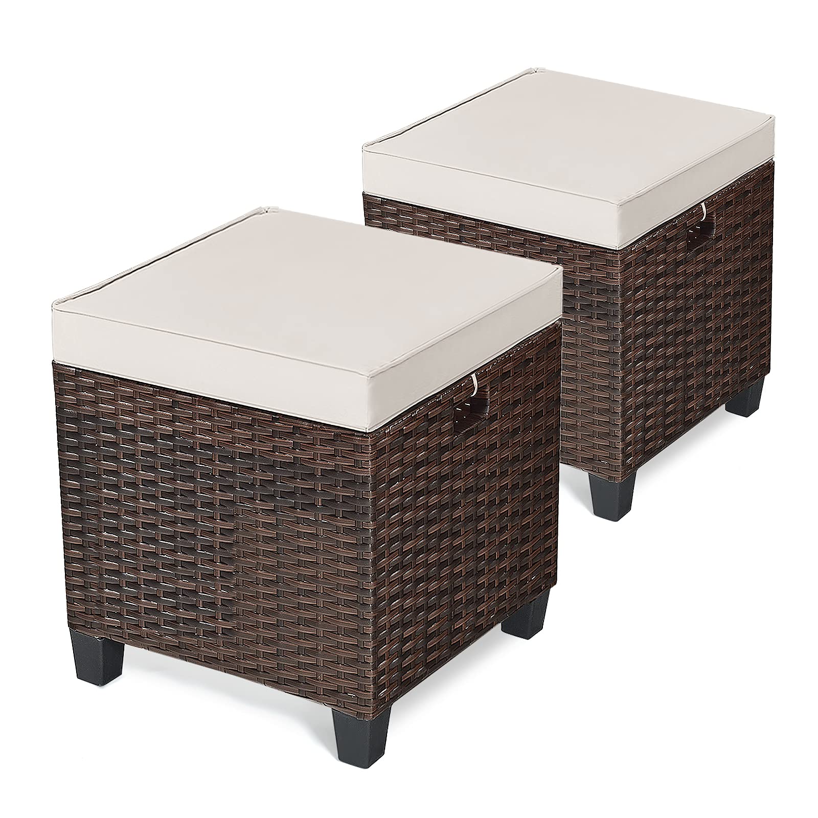 2-Piece Rattan Patio Ottoman with Removable Cushions