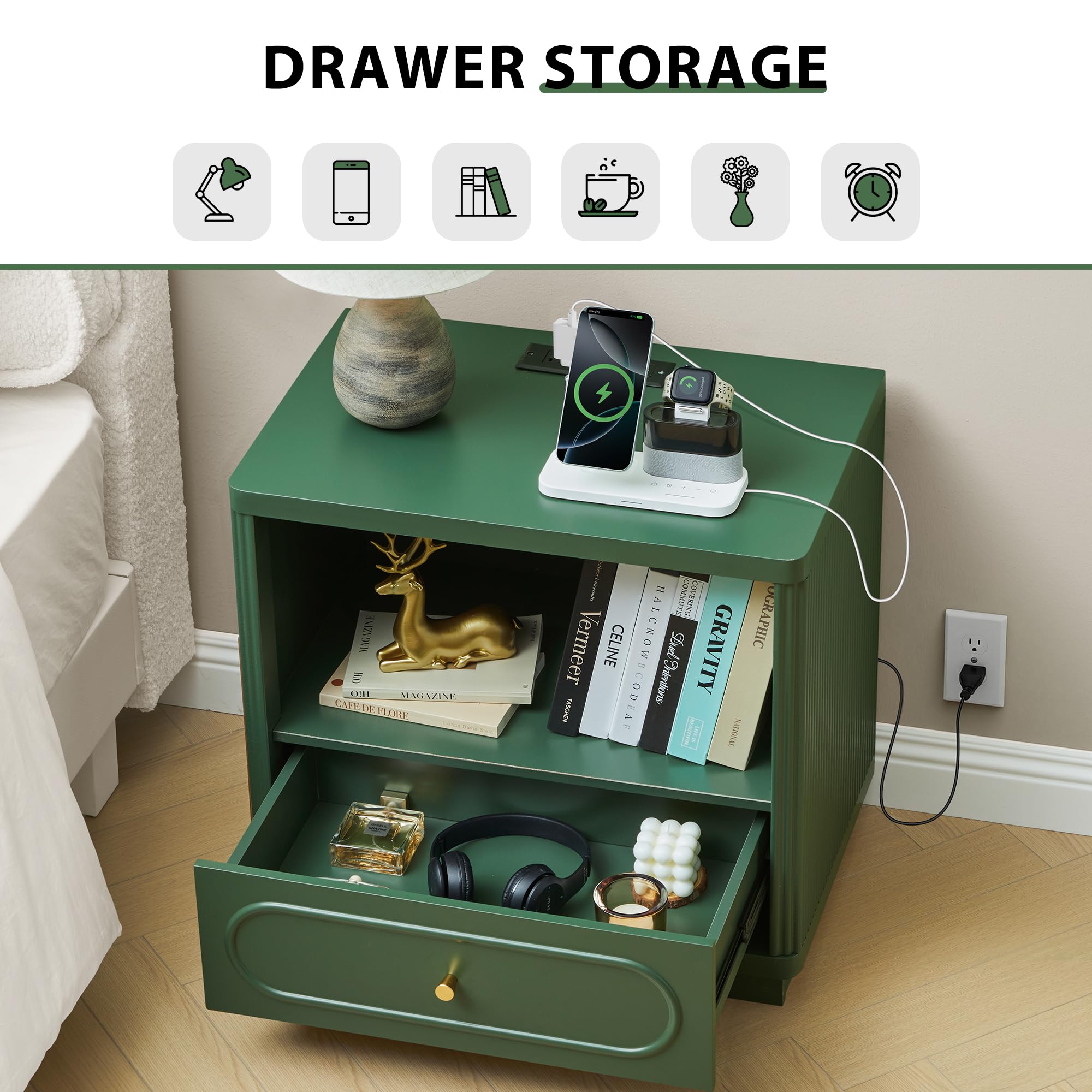 Fluted Nightstand with Charging Station and Drawer Storage