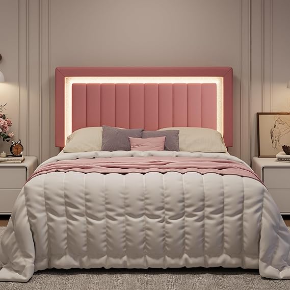 Full Size Pink Velvet LED Bed Frame with Adjustable Headboard