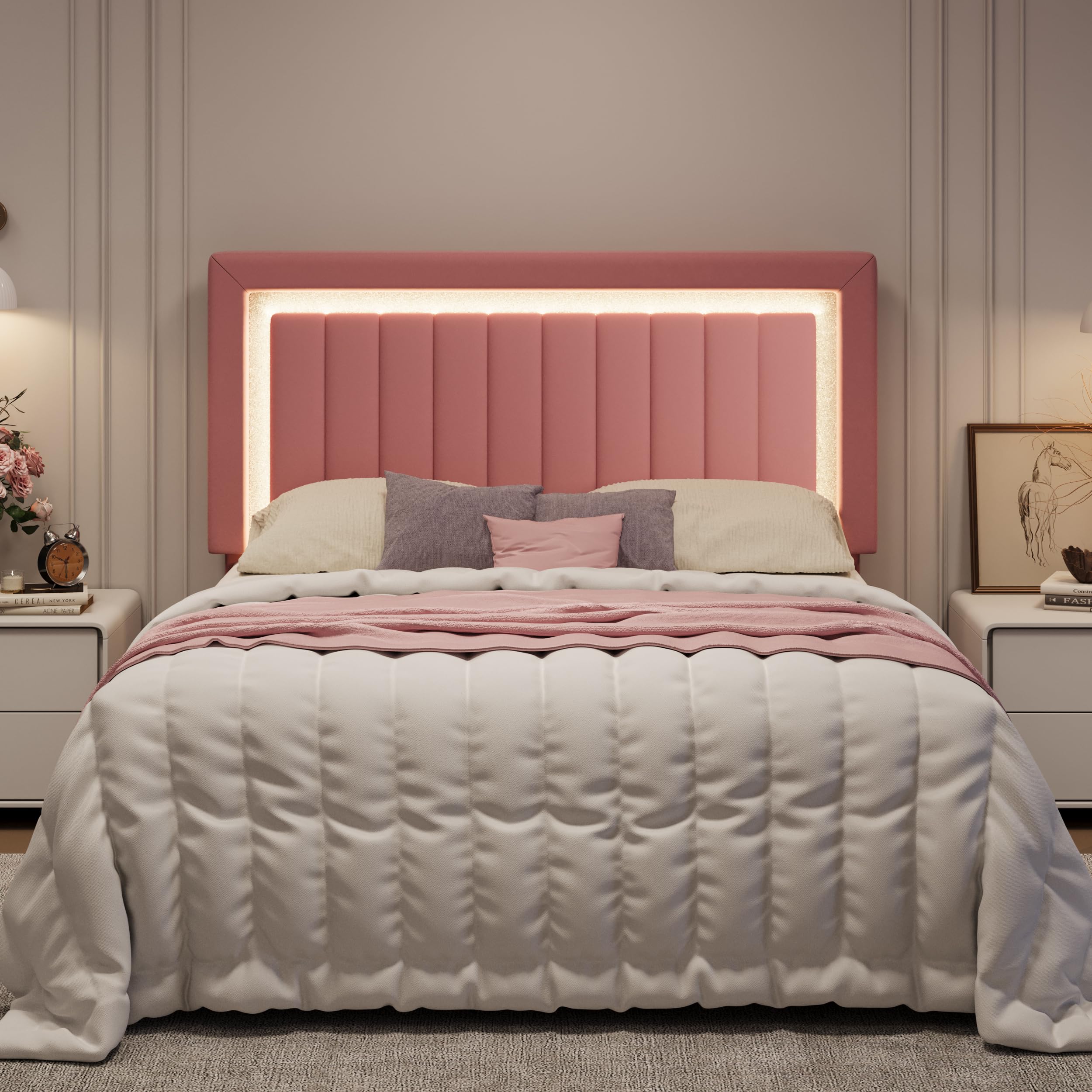 Full Size Pink Velvet LED Bed Frame with Adjustable Headboard