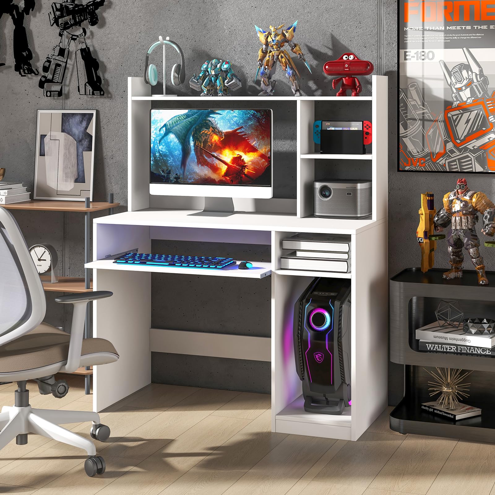 Computer Desk with Hutch 43.5 Inch - Keyboard Tray & Charging Station