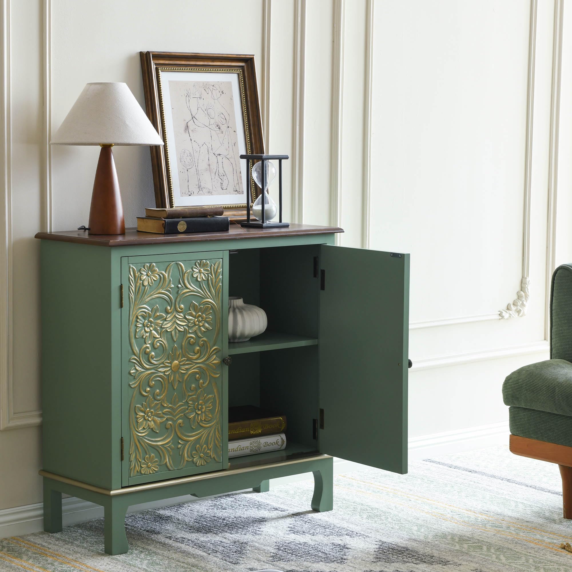 Vintage Green Storage Cabinet with Gold Accents
