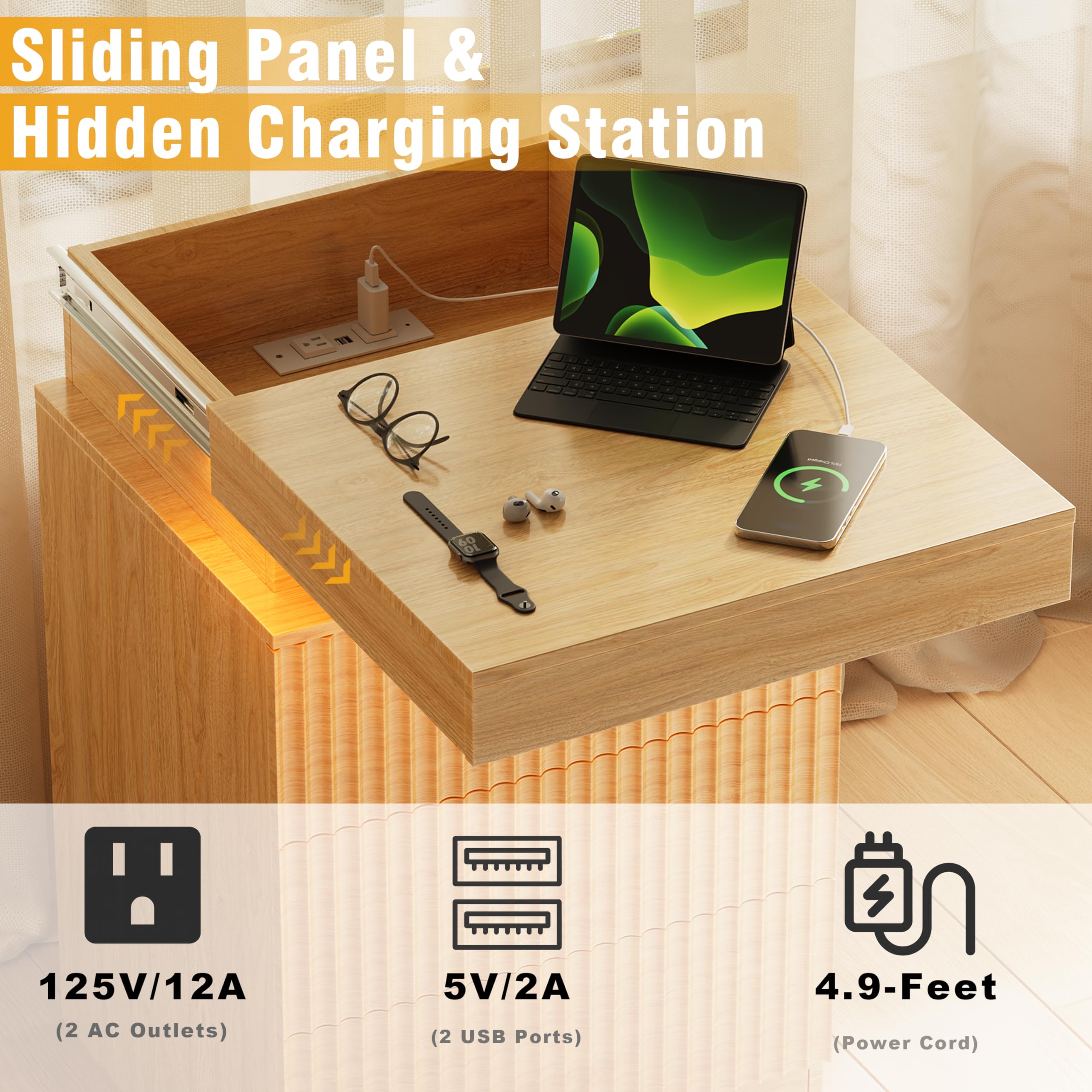 Mid Century Modern Nightstand with LED Light and Charging Station