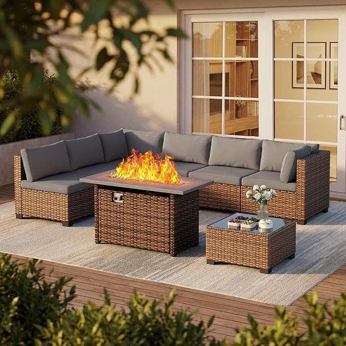 7-Piece Outdoor Sectional Rattan Sofa Set with Glass Coffee Table