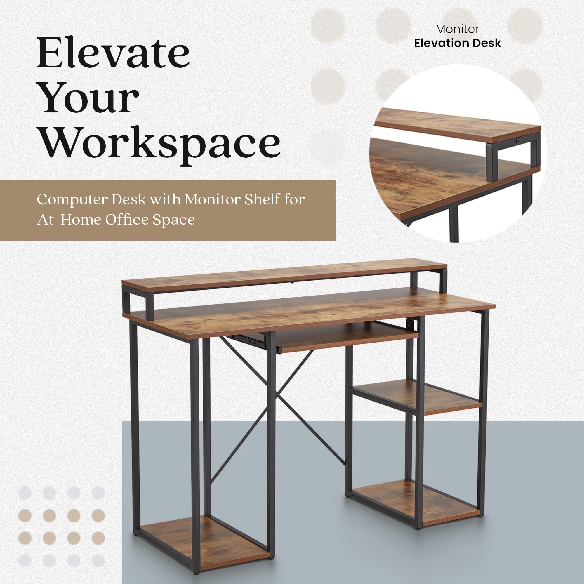 Computer Desk with Monitor Stand and Storage Shelves
