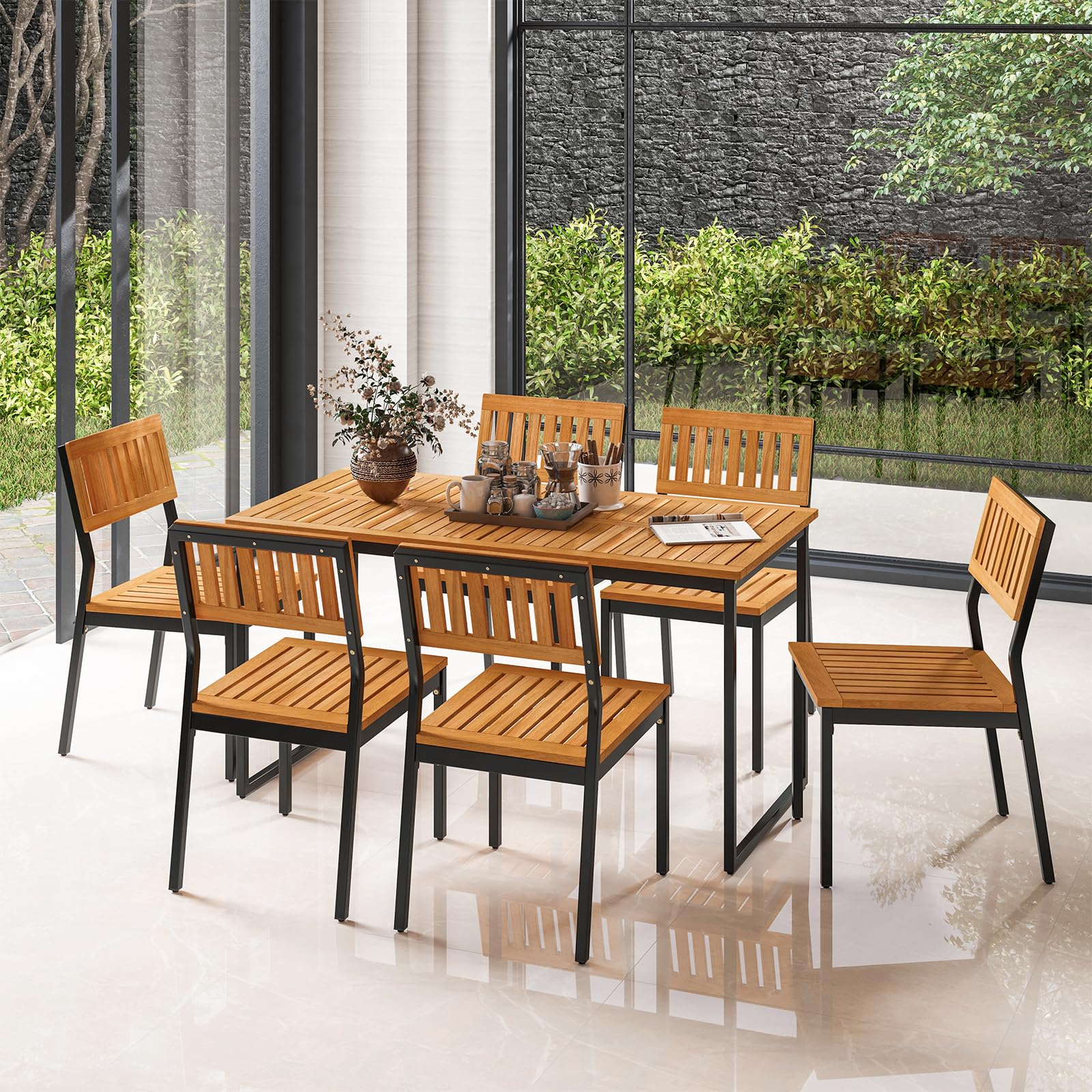 Tangkula 7 Piece Outdoor Dining Set for 6, Acacia Wood Rectangular Dining Table & 6 Armless Chairs w/Metal Frame, Umbrella Hole, Farmhouse Dining Furniture Set for Garden Porch Poolside