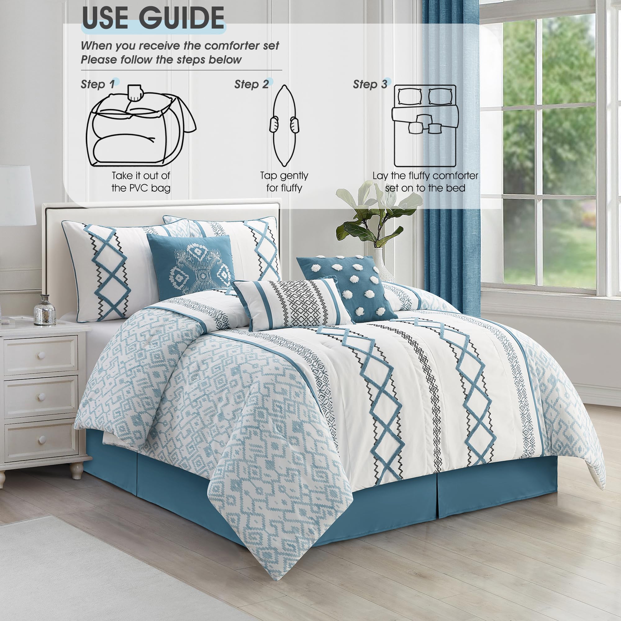 Blue Queen Comforter Set 7-Piece Geometric Embroidered Bedding