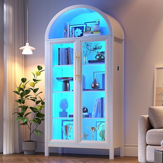 Arched Kitchen Pantry Cabinet with Glass Doors and LED Lights