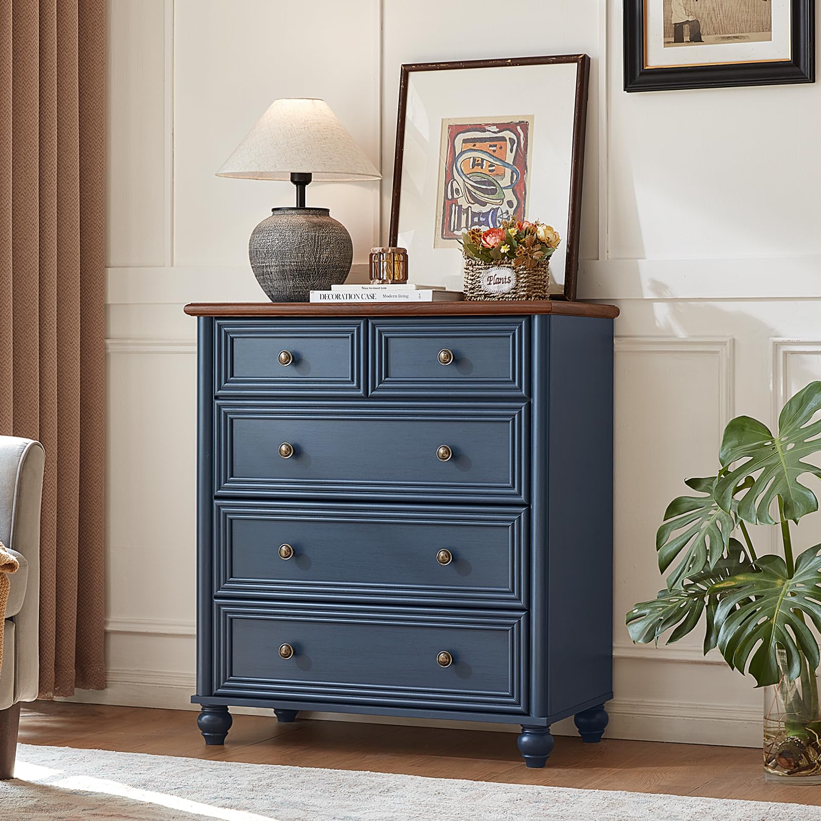 5 Drawer Dresser Navy Blue Farmhouse Style