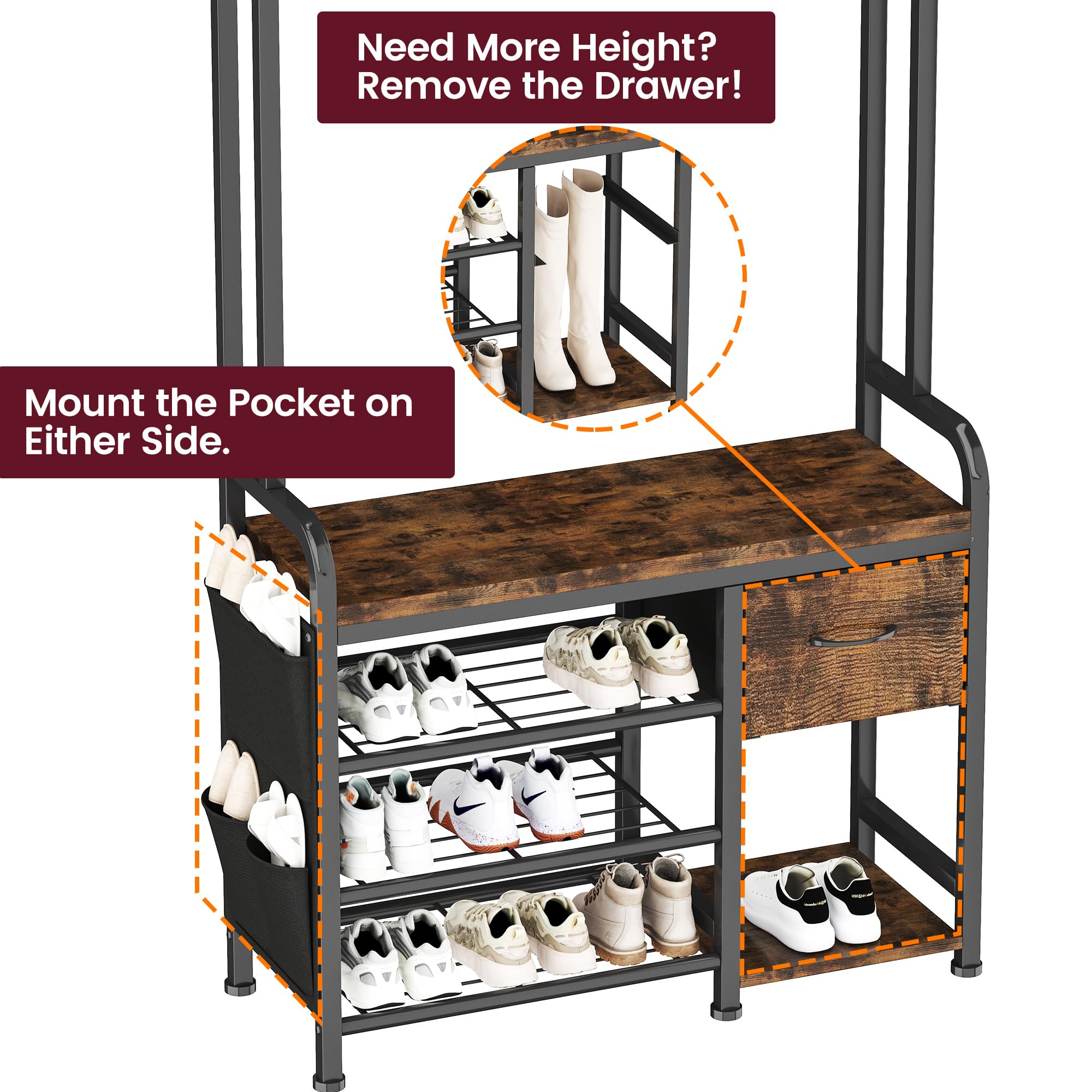 3-in-1 Hall Tree with Bench and Shoe Storage