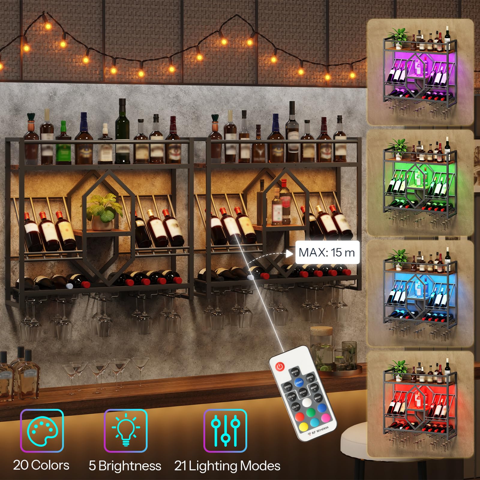Wall Mounted Wine Rack with LED Light