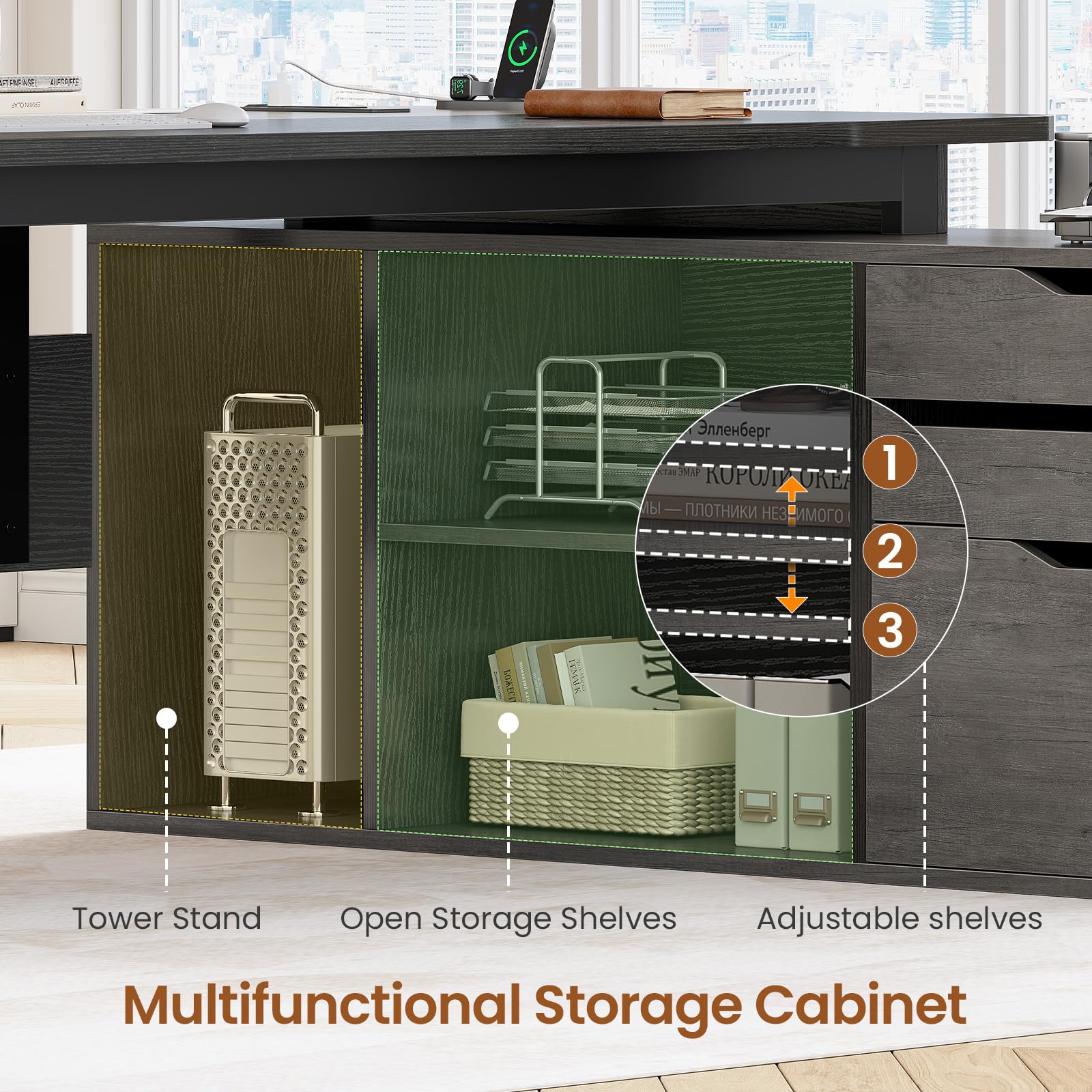 L-Shaped Executive Desk with File Cabinet