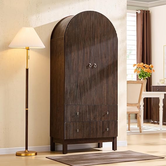 71" Tall Arched Pantry Cabinet with Adjustable Shelves and Drawers