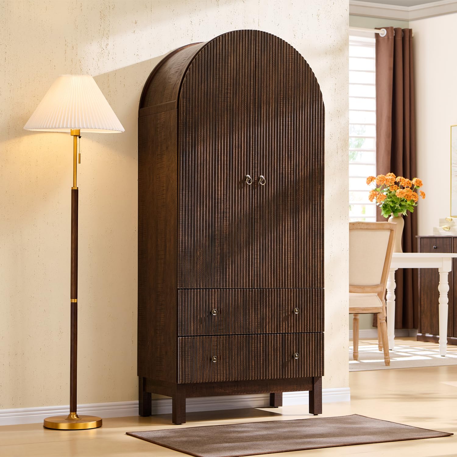 71" Tall Arched Pantry Cabinet with Adjustable Shelves and Drawers