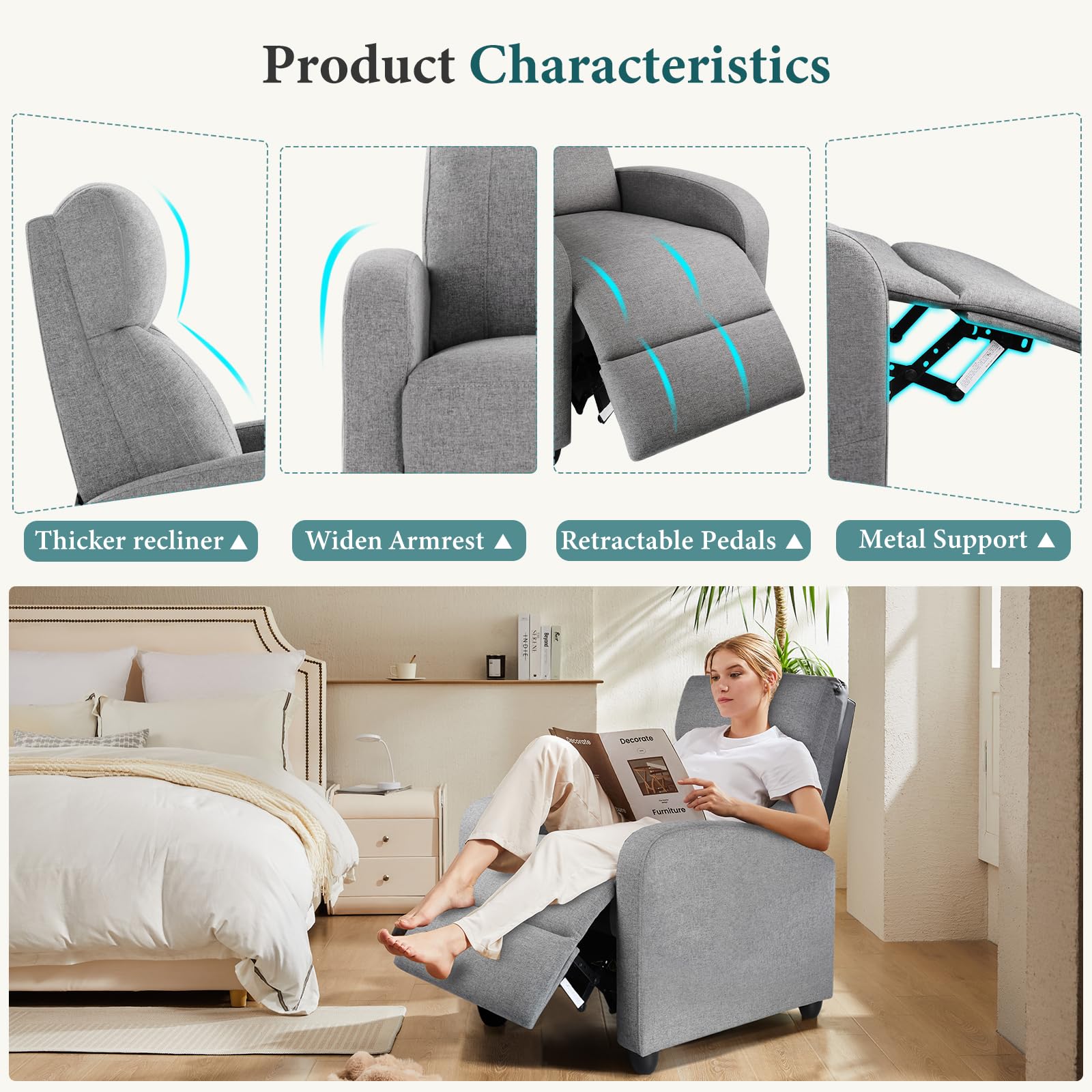 Leather Recliner Chair with Lumbar Support and Adjustable Footrest