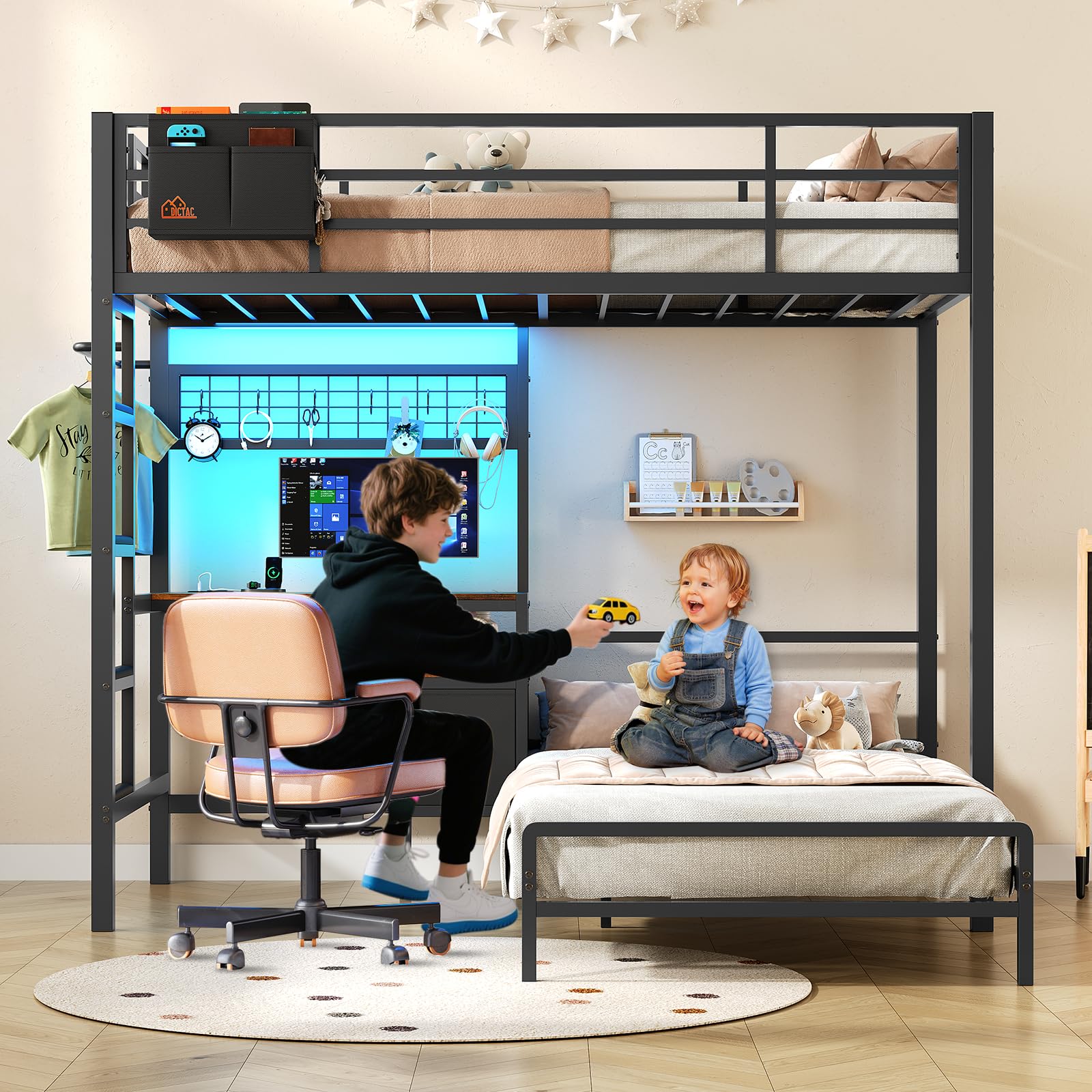 L-Shaped Twin Over Twin Bunk Bed with Desk and LED Lights
