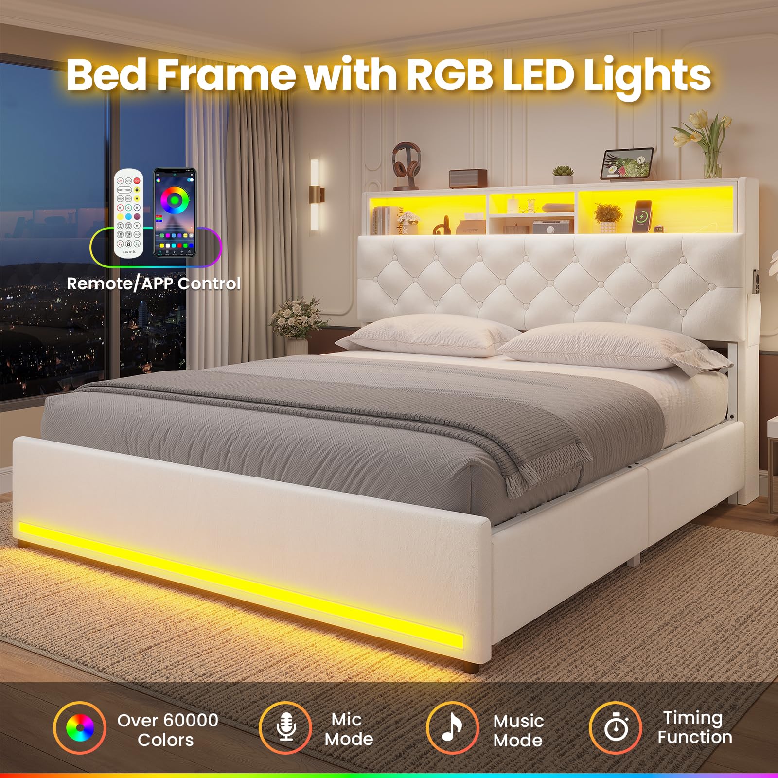 Full Size Bed Frame with LED & Storage