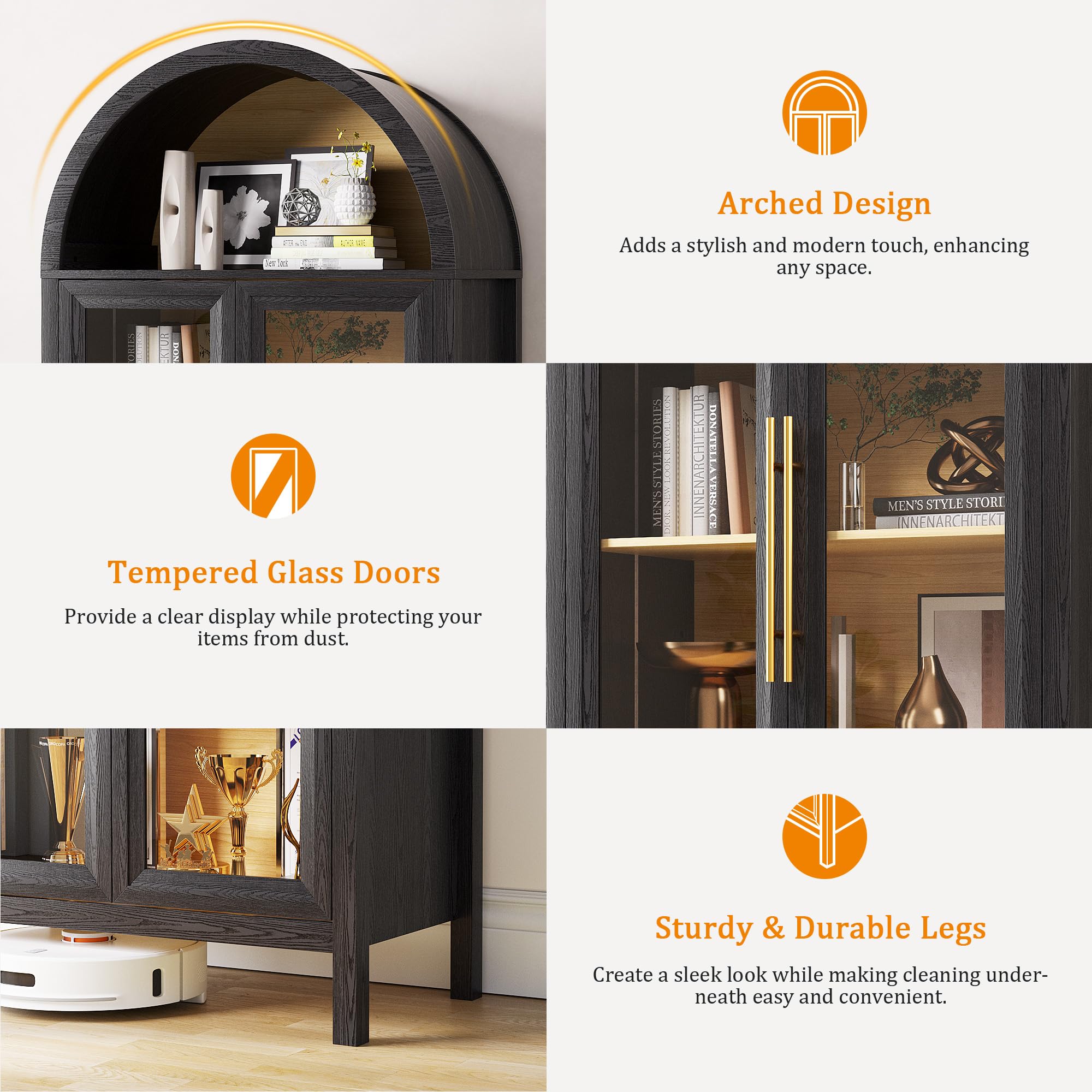 Display Curio Cabinet with Glass Doors - 5-Tier Arched Bookcase with LED Lights