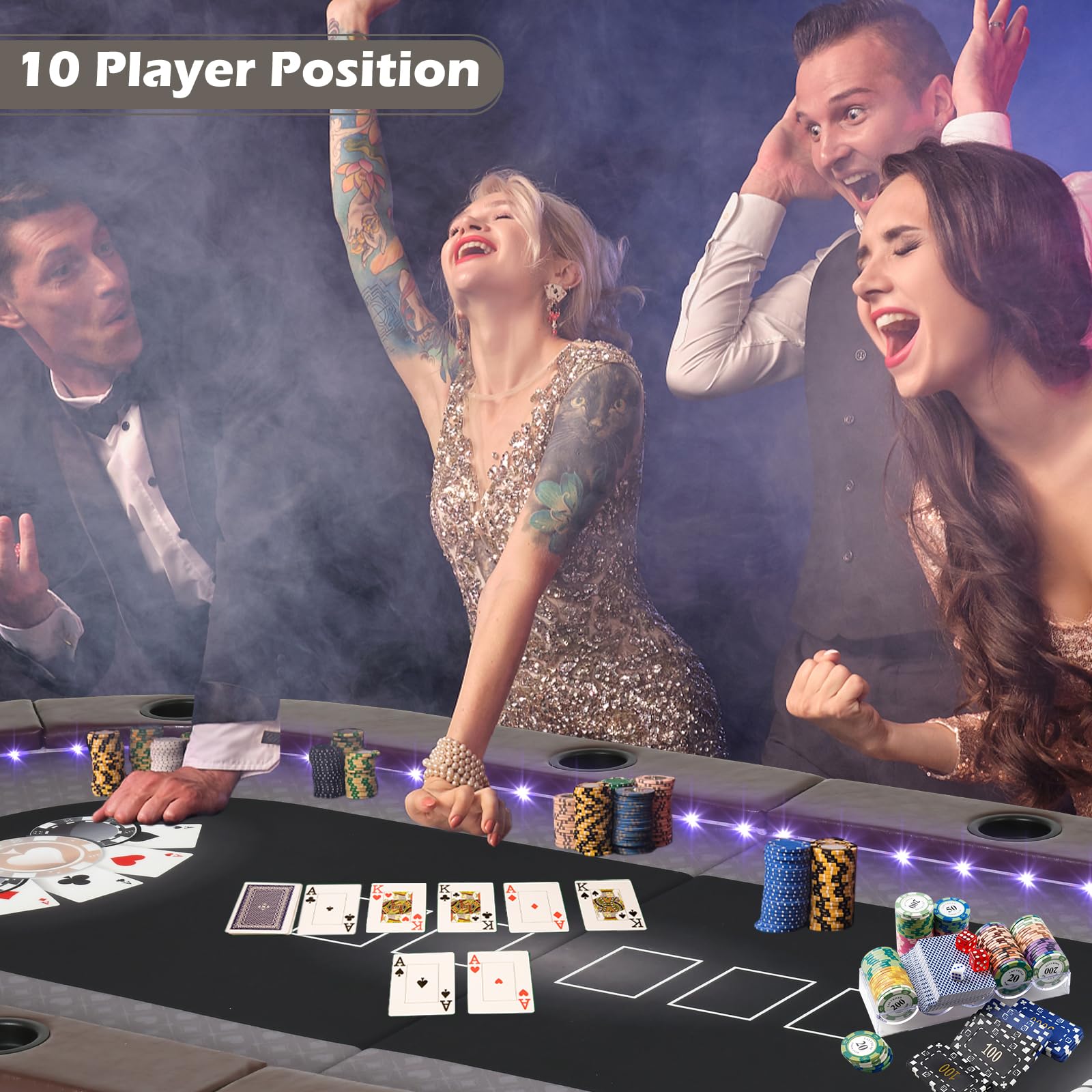 LED Poker Table 84" 10 Player Foldable with Cup Holders