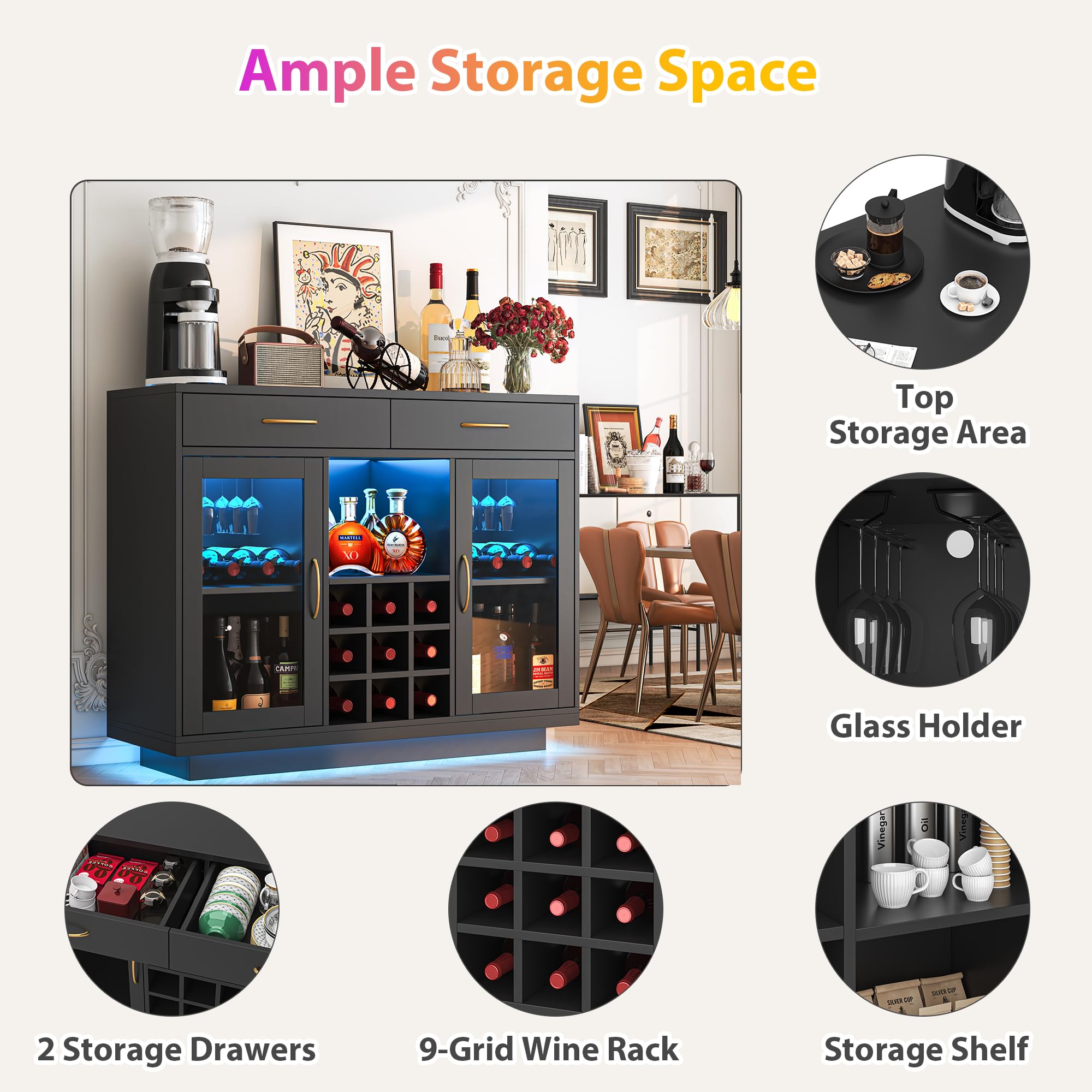 Wine Bar Cabinet with LED Lights and Glass Rack